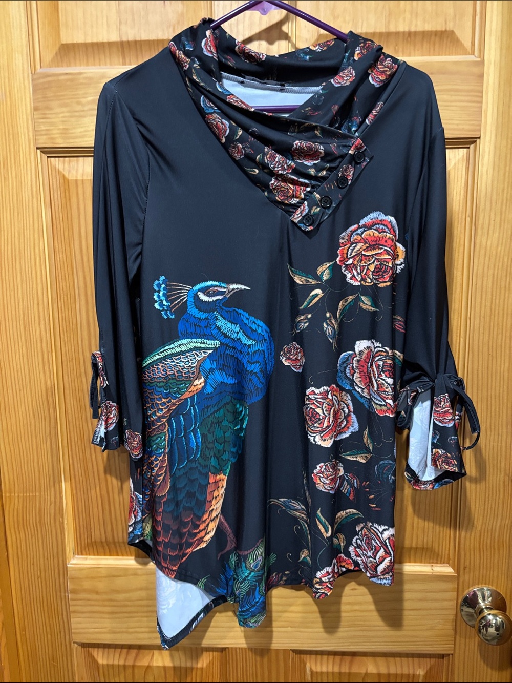 Lily Black Tunic with Blue Peacock & Red Floral Print